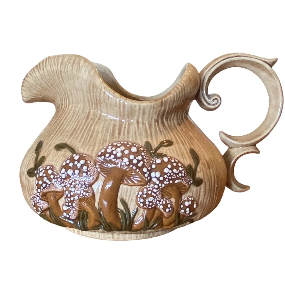 Arnel’s Beige Ceramic Mushroom Teapot Pitcher Set‎ 70s Cottagecore 2pc